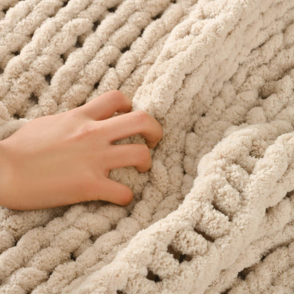 Esterra Chunky Knit Blanket Throw 50"x60", 100% Hand Knitted Chenille Throw Blanket, Cozy Soft Thick Cable Knit Throw Large Rope Knot Crochet Throw Blanket for Sofa Couch Bed, Sandshell/Oatmeal