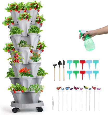 Vertical Planter, 7 Tier Stackable Strawberry Planter with Garden Tool Set, Movable Indoor/Outdoor Garden Herb Pot for Growing Vegetables and Succulents, Gray