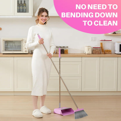 JOYMOOP Pink Broom and Dustpan Set with 56” Handle, Upright Angle with Built-in Comb Teeth for Hardwood Floors and Pet Hair