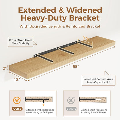 Fun Memories 55 Inch Floating Shelves, 12 Inch Deep Floating Shelf for Wall, 55 x 12 Large Floating Shelves for Fireplace Mantel, 2 Inch Thick Wall Shelf for Living Room, Bedroom, Oak Color, 1 Pack