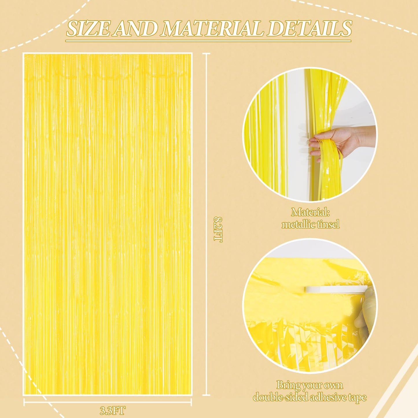 3 Pack Foil Fringe Backdrop - Pastel Yellow Shiny Tinsel Curtains for Party Decoration/Photo Booth Props - 3.3x8.2 FT Metallic Foil Backdrop for Birthday, Wedding, Graduation, Christmas.
