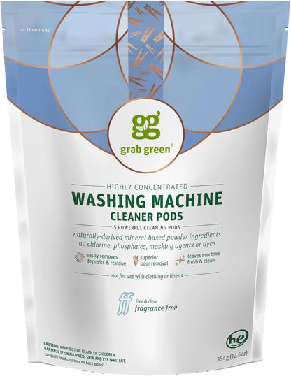 Grab Green Washing Machine Cleaner, 5 Count, Fragrance Free, Mineral Based Removes Deposits and Odors, Naturally Cleans