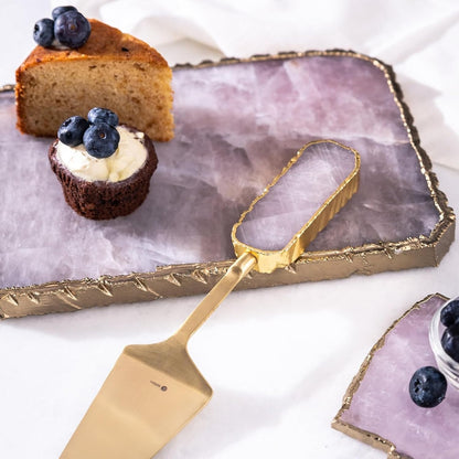 Generic Rose Quartz Cheese Serving Board Platter Tray Gold Plated Edges Decorative Agate Slab for Table Centrepiece Geode Stone Gifts For House Warming, Engagement, Wedding