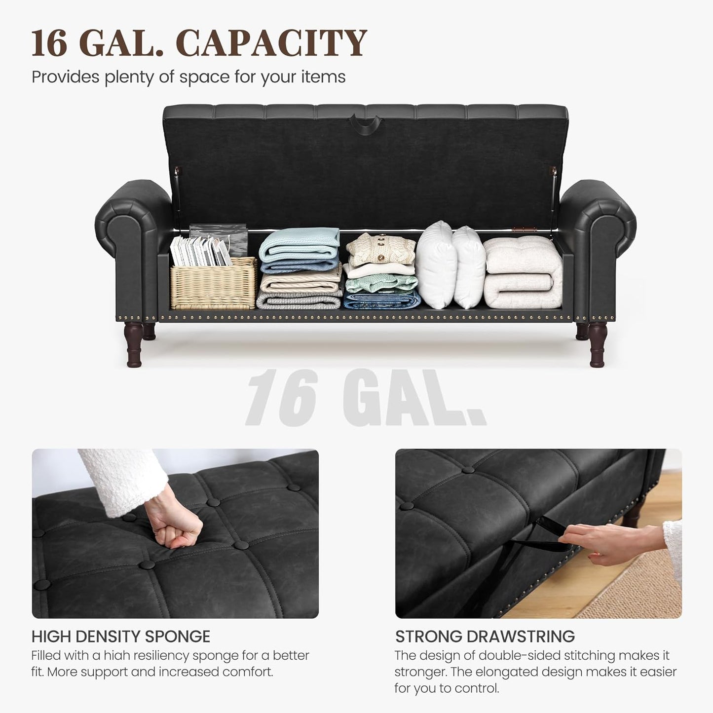 60" Storage Ottoman Bench for Bedroom, Full Queen Storage Bench with Button, Upholstered Bedroom Bench with Rolled Arms for Living Room, Storage Room, Entryway, Black