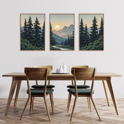 HLNIUC Mountain Forest Sun Framed Wall Art,Large Boho Pine Tree Canvas Wall Decor Set of 3(16”x24”)Ridge Mountain Landscape Picture Prints,Natural Sunset Woodland Wall Painting for Living Room,Bedroom