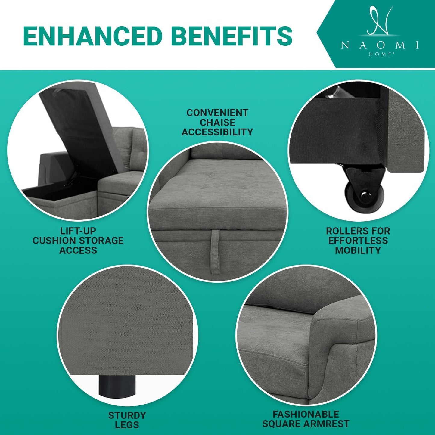 Naomi Home L-Shaped Reversible Sectional Sofa with Pull-Out Sleeper Bed and Storage Chaise, Gray Velvet