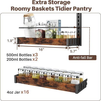 6 Tier Over The Door Pantry Organizer, 2 IN 1 Wall Mount or Metal Hanging Spice Rack for Pantry Organizers and Storage, Seasoning Shelves，Adjustable Basket with Hooks for Kitchen, Bathroom,Laundry