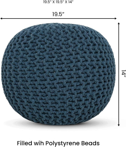 REDEARTH Round Pouf Bean Bag Ottoman - Foot Stool Hand Knitted - Home Decor Pouffe Stuffed - Cable Boho Poof Beanbag Footrest for Living Room - Nursery - Bedroom - Patio (19.5"x19.5"x14") - Teal
