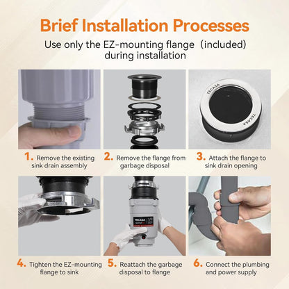 Garbage Disposal, TECASA 1/2 HP Pro Food Waste Coutinuous Feed, Garbage Disposals with Stopper Power Cord, Stainless Steel Grinding System for Kitchen Sink - HyperCrush 50 PRO