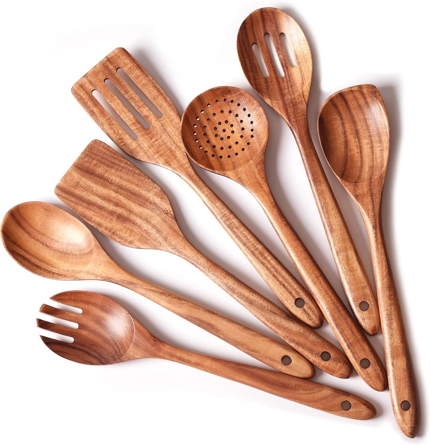 Gudamaye 13 inch Long Wooden Utensils for Cooking, Long Handle Wooden Spoons for Cooking, 7 PCES Crafting Wooden Spoon Set, Wooden Kitchen Utensil set, Natural Teak Wooden utensil Set