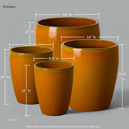 Emissary Home and Garden Bullet 12in., 14in., 15.5in., 21in. H Bright Orange Ceramic Round Planters with Drainage Hole (Set of 4)
