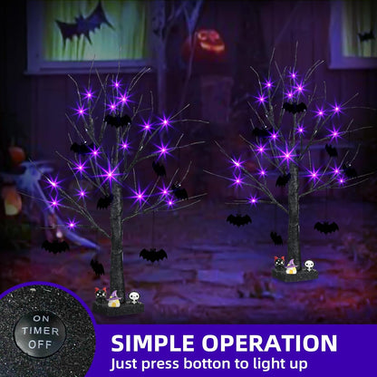 EAMBRITE Halloween Tree, Black Halloween Decorations Indoor, 2FT Spooky Tabletop Trees Battery Operated with 24LED Purple Lights 8 Bat Ornaments, Centerpieces for Tables, Home, Room(2 Pack)
