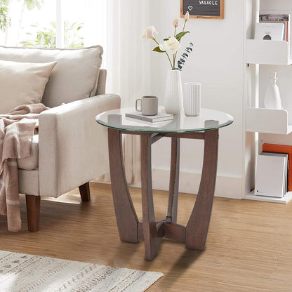 Glass End Table, 23.5" Round Side Tables with Tempered Glass Top Cross and Solid Wood Base Small Night Stand for Living Room Office Apartment Cherry