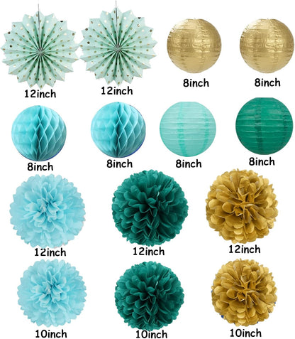 Sage-Green Teal-Blue Party-Decorations Streamers Lanterns - 14pcs Rustic Wedding Baby Shower Paper Lanterns Fan,Tissue Pom Poms,Honeycomb Balls,Birthday Bachelorette Engagement Bridal Decor Ouruola