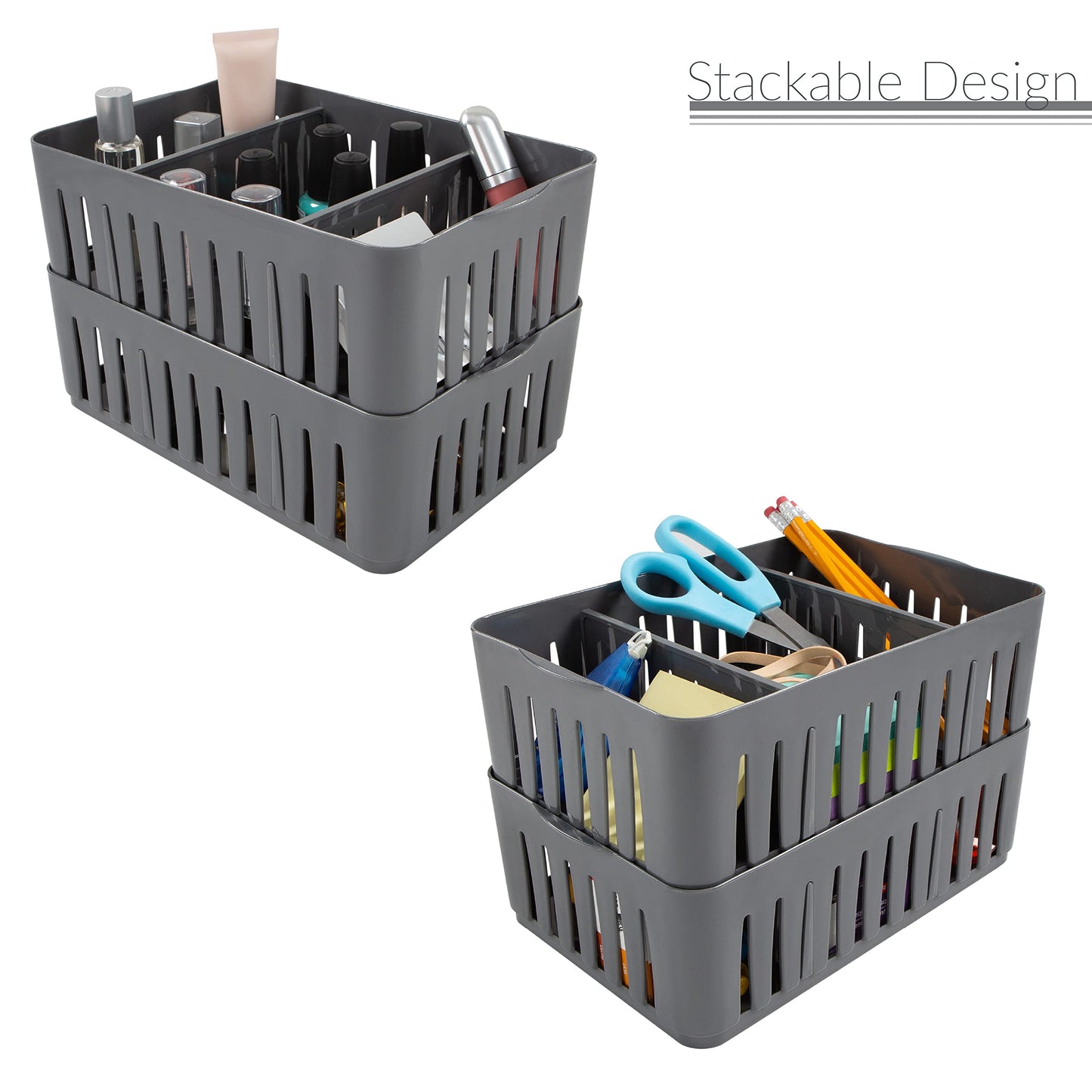Simplify 4 Pack 3 Compartment Stackable Bin with Adjustable Dividers | Drawer Organizer | Storage