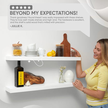 Homeforia White Floating Shelves 36 inch, High End Solid Real Wood 36inch Floating Shelf for Wall Mounted, White Wooden 36in Long Floating Shelves, Heavy Duty Bracket, 36 X 6.5 X 1.75 inches, Set of 2