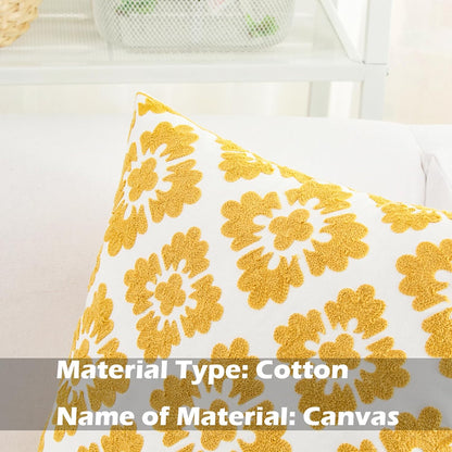 HWY 50 Mustard Yellow Decorative Throw Pillow Covers 18x18 Inch (1 Piece), Embroidered Cotton Farmhouse Cushion Cover Pillow Case for Sofa Couch Living Room Bed, Little Sunflower