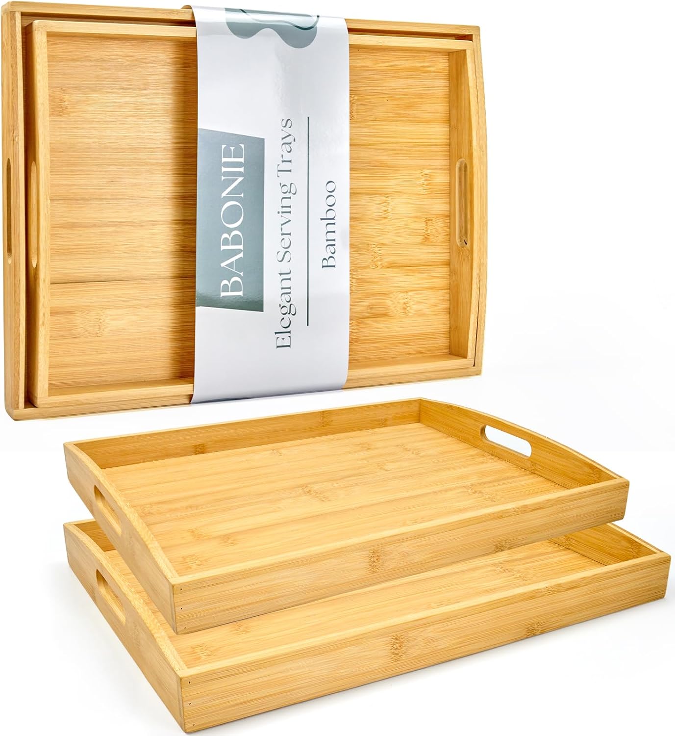 Bamboo Serving Tray with Handles Set of 2 - Decorative Wooden Trays for Eating, Working, and Storing, Suitable for Use in Bedroom, Living Room, Kitchen, Bathroom, Outdoor Scenarios and More