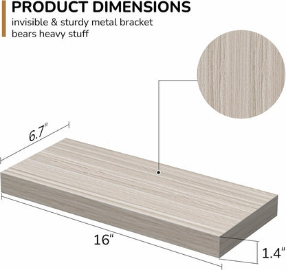 Floating Shelves - Rustic Grey Storage Shelf Set of 2 - 16 Inch Wall Mounted Shelves for Wall Decor & Storage - Wooden Shelves with Invisible Brackets for Living Room, Bedroom, Kitchen, Farmhouse