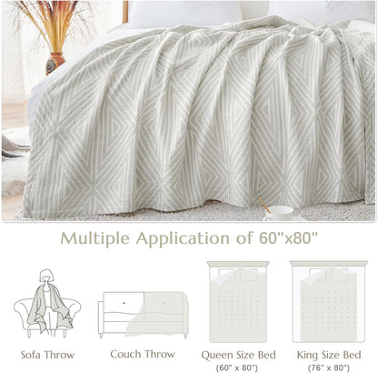 jinchan Boho 100% Cotton Blanket Muslin Twin Size 60x80 Inches Lightweight 3-Layer Geometric Triangle Striped Reversible Quilt Throw Soft Breathable Comfy All Seasons for Couch Bed Decor, Light Grey