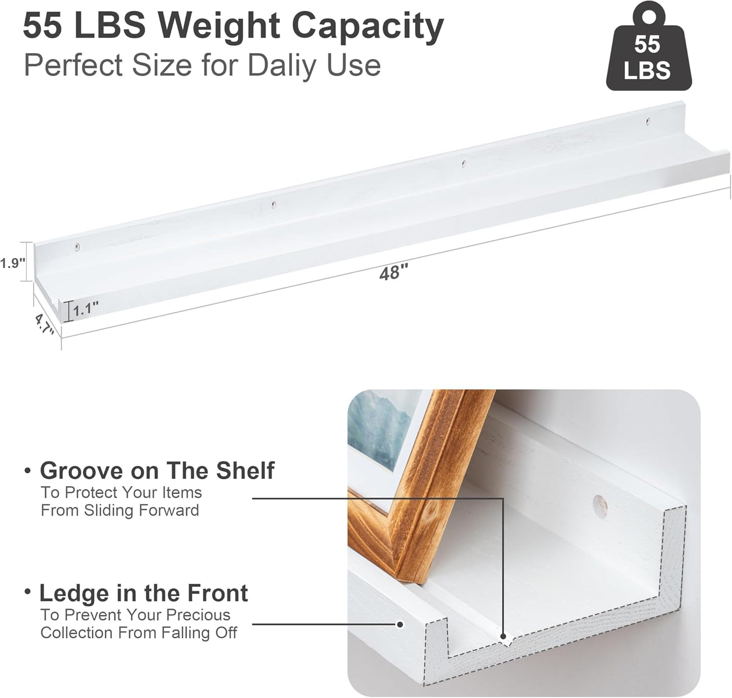 Floating Picture Ledge Shelves 48 Inch Solid Oak Wood Set of 2, Rustic Wall Storage Shelves with Lip, Kids Bookshelf, Photo & Picture Ledge Shelves for Bedroom, Living Room, Kitchen