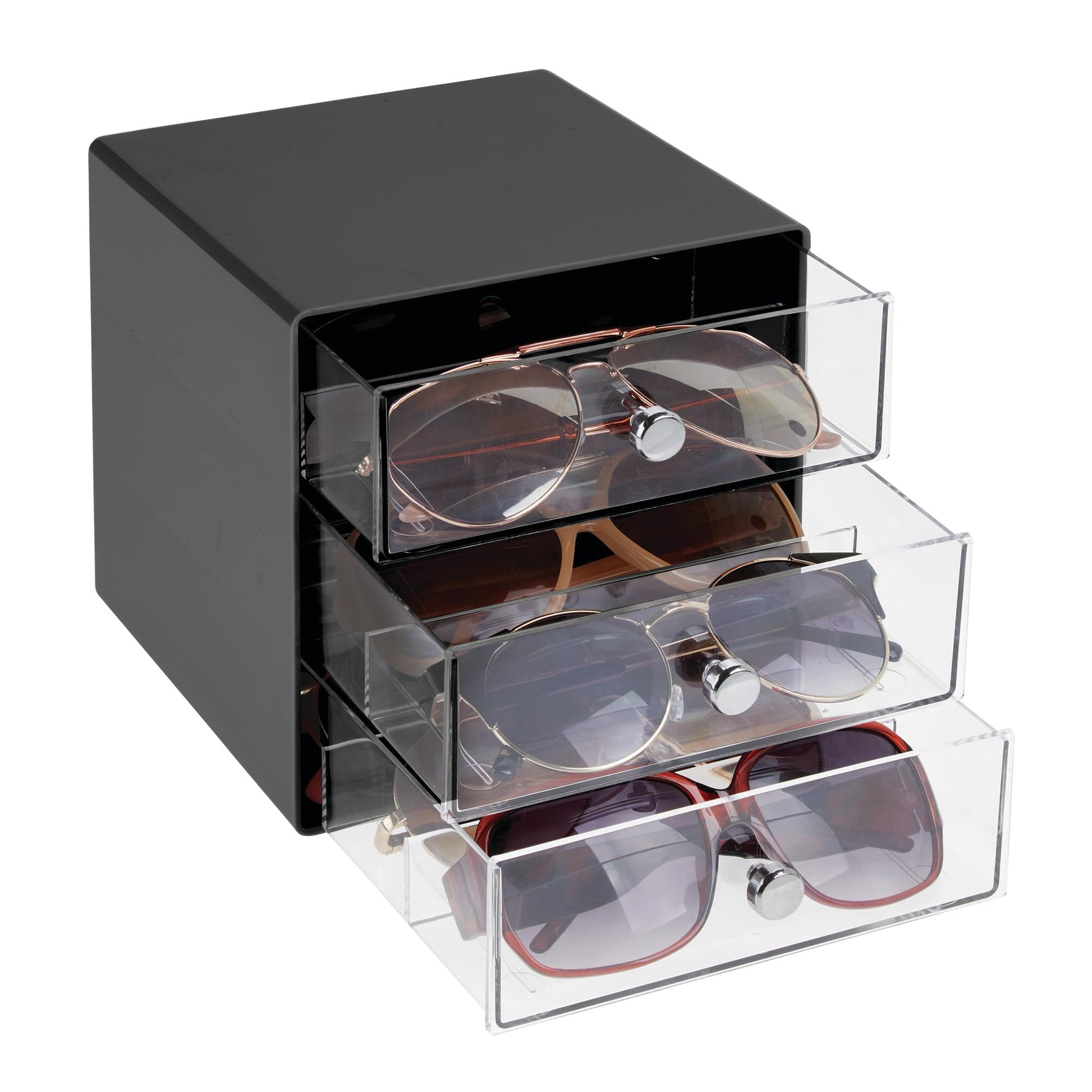 iDesign Divided 3-Drawer Stackable Organizer for Glasses, Sunglasses, and Readers - Black/Clear