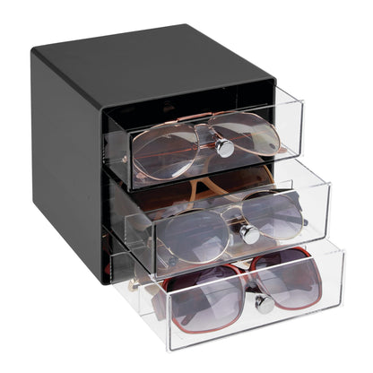 iDesign Divided 3-Drawer Stackable Organizer for Glasses, Sunglasses, and Readers - Black/Clear