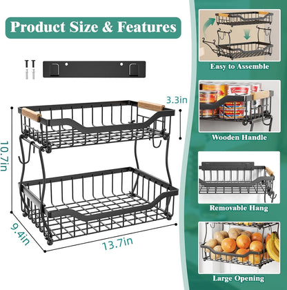 Giwil 2 Tier Countertop Fruit Basket for Kitchen, Vegetable Storage Bread Fruit Bowl Stand with 2 Banana Hangers, Wall Mounted Metal Wire Basket Organizer for Potato Onion, Black