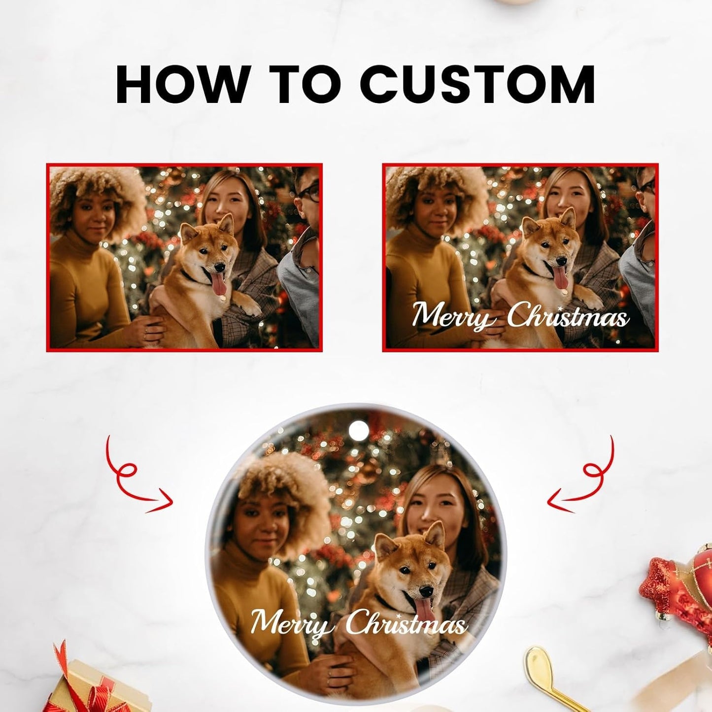 Personalized Christmas Ornaments 2025 Customized with Photo Text Ornament Keepsake Pet First Christmas Ornament Bulk Custom Ceramic Xmas Tree Decorations, Round