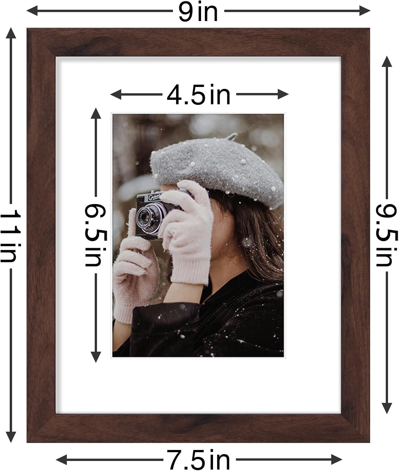 Vittanly 8x10 Picture Frames Set of 9, Shatter Resistant Plexiglass, Display 5x7 Pictures with Mat or 8x10 without Mat, Photo Frames for Wall or Tabletop, Engineered Wood, Walnut