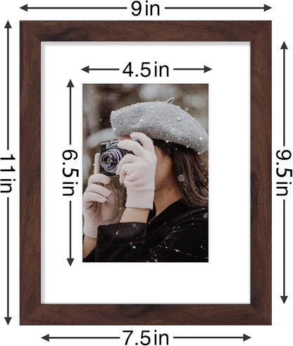 Vittanly 8x10 Picture Frames Set of 9, Shatter Resistant Plexiglass, Display 5x7 Pictures with Mat or 8x10 without Mat, Photo Frames for Wall or Tabletop, Engineered Wood, Walnut