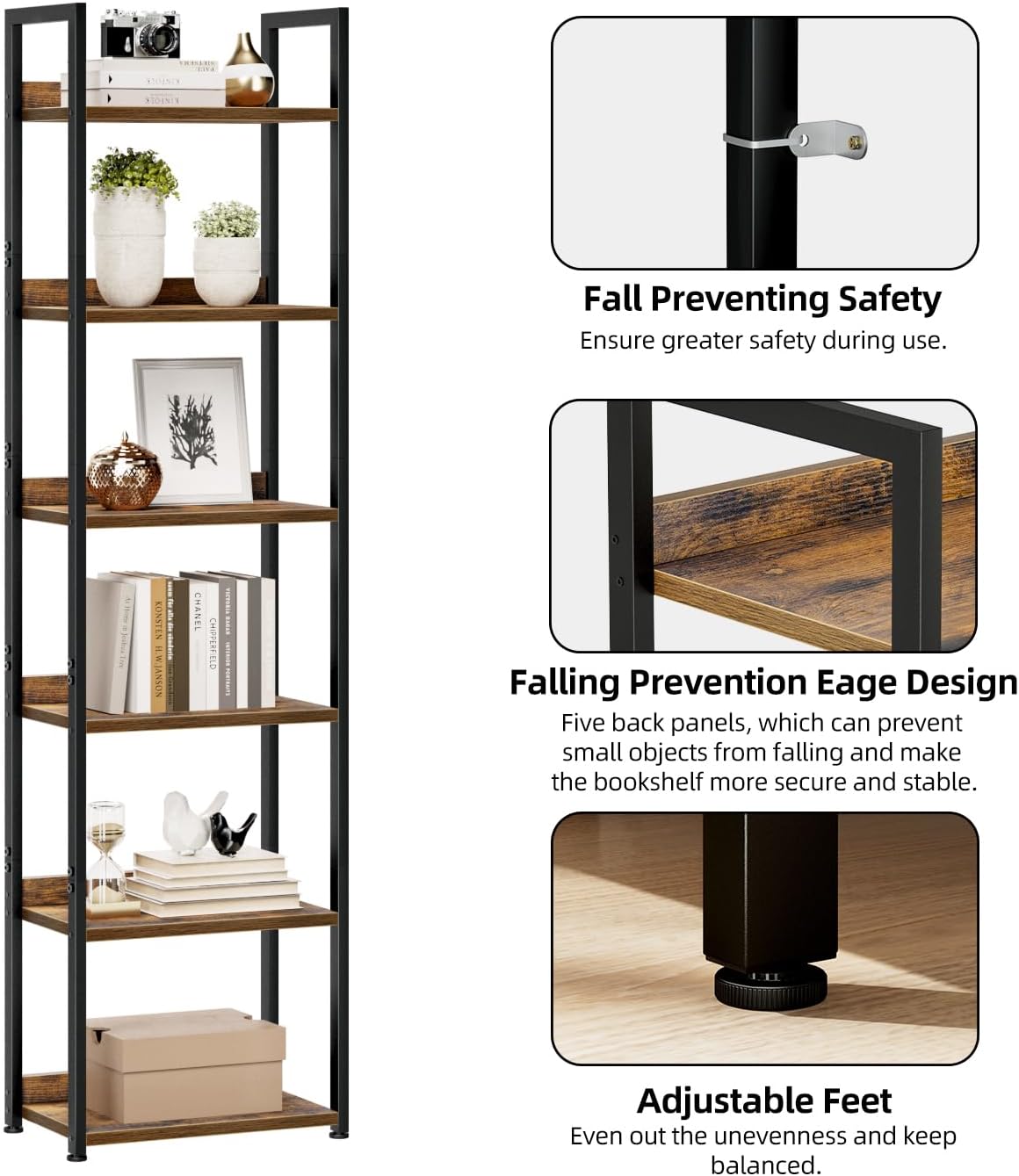 NUMENN Narrow Bookshelf, 6 Tier Bookshelves, Home Office Bookcase Shelf Storage Organizer, Free Standing Storage Shelving Unit for Bedroom, Living Room and Home Office, Vintage