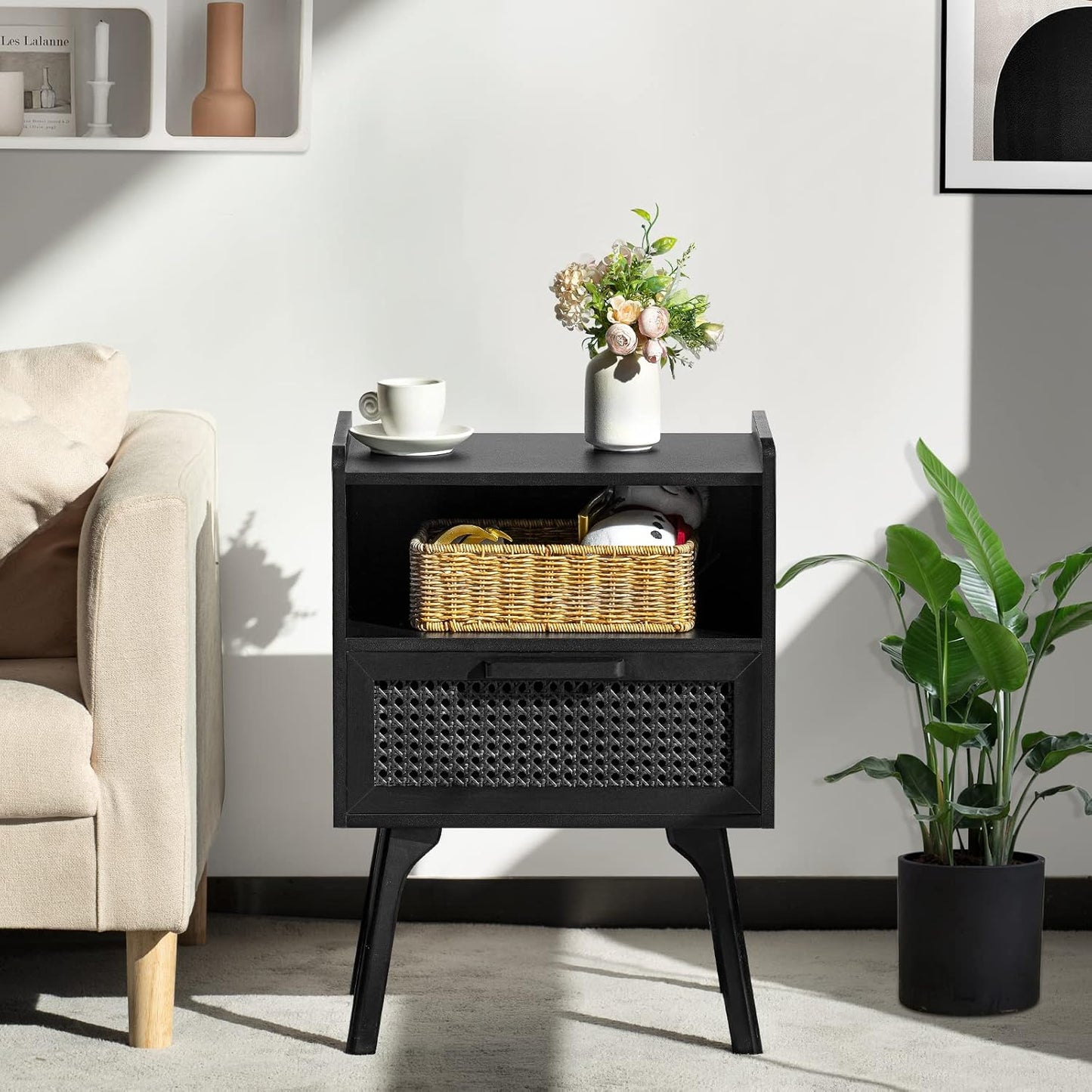 Lerliuo Rattan Nightstands Set of 2, Boho Side Table with Drawer Open Shelf, Cane Accent Bedside End Table with Solid Wood Legs for Bedroom, Dorm and Small Spaces (Black)