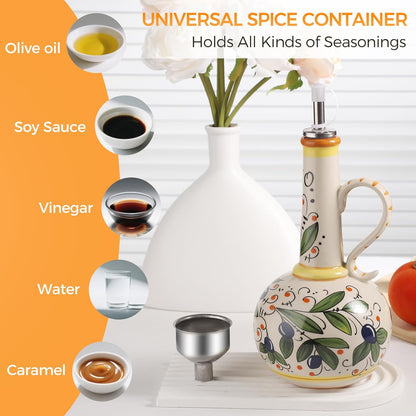 Ceramic Olive Oil Dispenser Bottle 23oz with Handles, Hand Painted Multi-Use Oil Cruet & Flower Vase, Decorative Stoneware Kitchen Cruet with Stainless Steel Spout for Oils, Sauces, Vinegar (B)