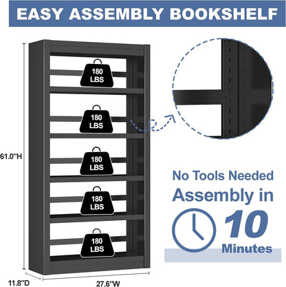 Metal Bookshelf Adjustable - 61" Tall Black Bookcase, 5 Tier Book Shelf, Tooless Assembly Book Case, Modern Bookshelves and Bookcases for Home Office, Living Room, Bedroom, Library