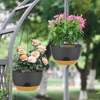 12 Inch Hanging Baskets 2 PC with Chains, Self-Watering Hanging Planters for Indoor Outdoor Plants, Plastic Hanging Flower Pots,Black Brown