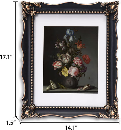 11x14 Vintage Picture Frame with Embossed Flower Design, Black Ornate Frame for 11x14 or 8x10 Pictures with White Mat, Home Decor (Black, 8x10)