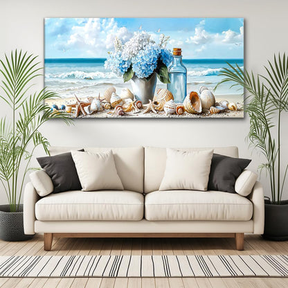 LASMOND Romantic Beach Wall Art for Living Room Blue Shells Conch Vase Canvas Prints Modern Large Flower Bottle Bedroom Ocean Artwork Decor (58x28 Inches)