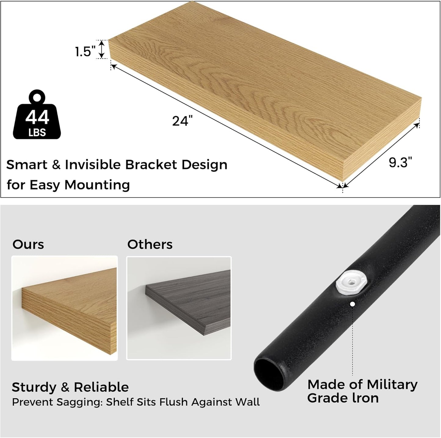 Floating Shelves for Wall, 2 Large Wall Mounted Shelves with Invisible Brackets, Long Wood Floating Wall Shelf Shelves for Living Room, Bedroom, Kitchen, (Oak, 24" W x 9" D x 1.5" H)