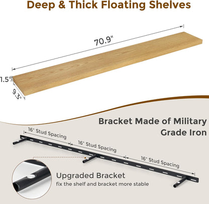 72 Inch Floating Shelves, 72 x 9 Rustic Wooden Fireplace Mantel, 9 Inch Floating Shelf for Wall, Farmhouse Wall Shelves for Home Storage & Display, Oak Color, Set of 1