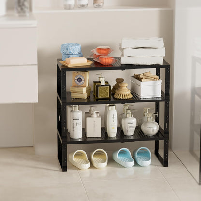 Expandable Spice Rack,Stackable Storage for Cabinet, Multi-Functional Kitchen Shelving,Height-Adjustable,Sustainable Organizer Solution(3Packs/Black/Medium)