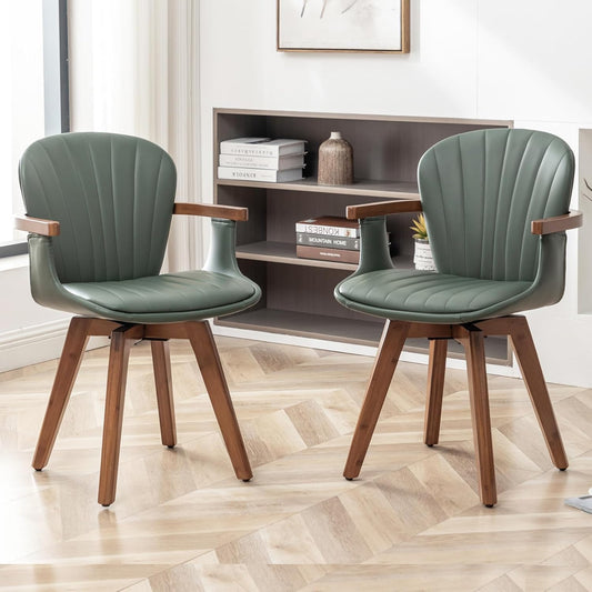 LUNLING Swivel Dining Room Chairs Set of 2, Mid Century Modern Green Faux Leather Kitchen Chairs