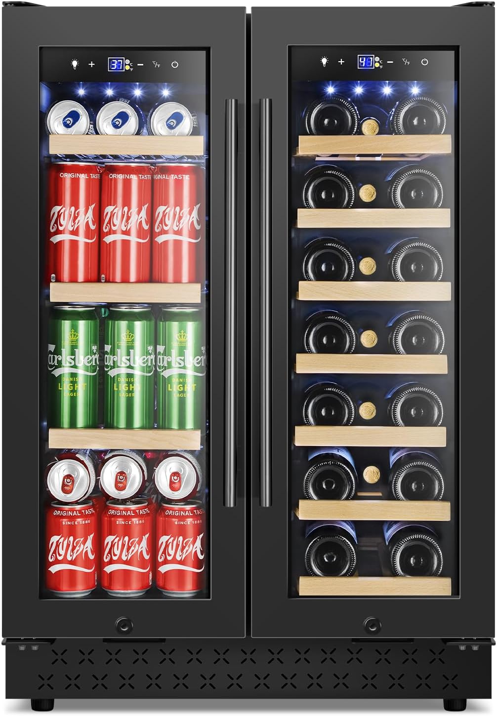 Tylza 24 Inch Wine and Beverage Refrigerator, Dual Zone Wine Beverage Cooler 24" with French Door, Under Counter Wine Beer Fridge Built-In or Freestanding, Holds 20 Bottles and 88 Cans, Black