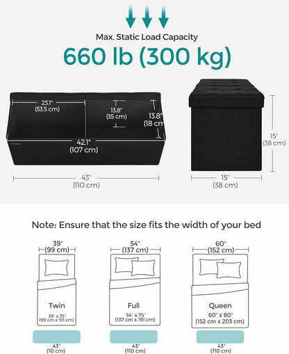 SONGMICS MAZIE Collection - 43 Inches Folding Storage Ottoman Bench, Ottoman Foot Rest, End of Bed Bench, Storage Chest, Load 660 lb, for Living Room, Bedroom, Entryway, Ink Black ULSF077B01
