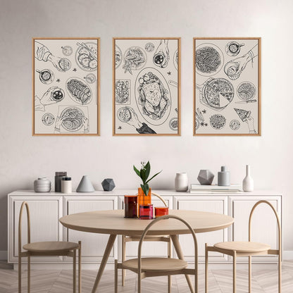 HPINUB Vintage Food and Drink Framed Canvas Wall Art Set,Sketch Pizza Cheers Wall Decor,Thanksgiving Dinner Turkey Artwork,Black and white Art Prints for Kitchen,Dining Room,Gatherings Decor-16"x24"x3