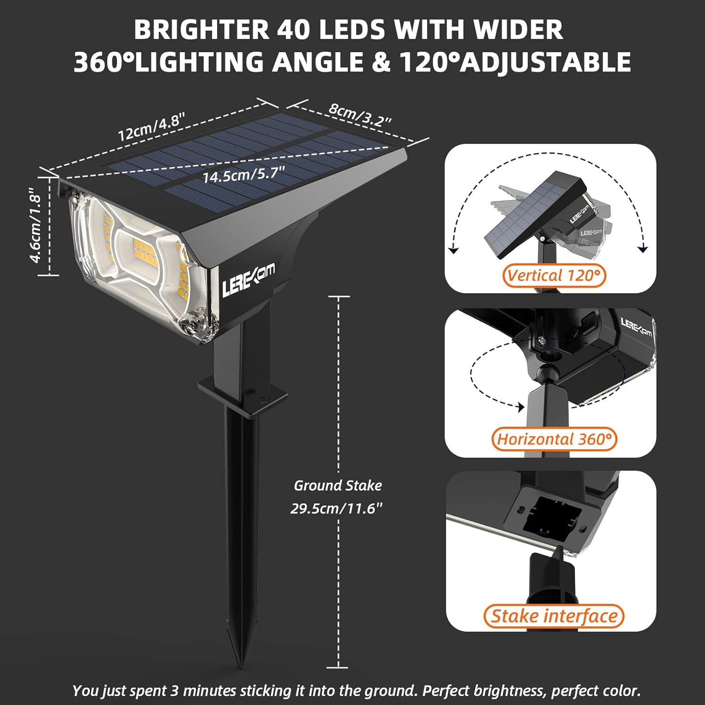 3 Brightness Modes Solar Outdoor Lights with Super Bright 40LEDs, 360 Adjustable Lighting Angle, USB Charging, Longer Working Time, Waterproof, Patio, Porch, Driveway