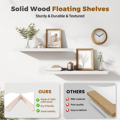 36"x6.8"x1.6" Slanted Floating Wall Shelves 2-Pack - Rustic White Finish, Heavy-Duty Solid Wood Design with Hidden Brackets - Perfect for Living Room, Kitchen, Bathroom, or Office