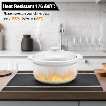 Black Placemats Set of 8 - Easy Clean Modern Durable Washable Vinyl Place Mats - Heat Resistant Placemats for Kitchen Table - PVC Table Mats for Dining Table (Black with Stripes, 8)