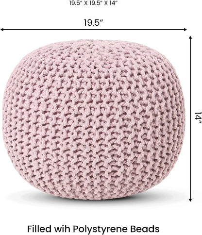 REDEARTH Round Pouf Ottoman - Hand Knitted Boho Poof Home Décor Pouffe Circular Footrest for Living Room - Bedroom - Lounge - 100% Cotton (19.5"x19.5"x14") - Pale Pink