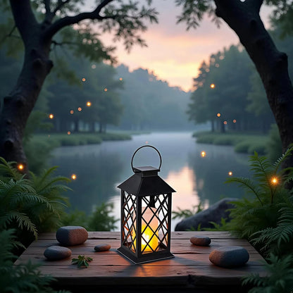 Simplelight 11 Inch Decorative Lanterns-IP44 Waterproof Outdoor Hanging Lantern, Battery Operated Decorative Lantern for Patio, Table, Fireplace with Timer, Black Color (1)